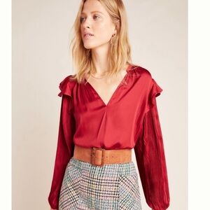 Anthropologie | Dolan Red Satin Ruffle Pleated Sleeve Blouse | Size: Small